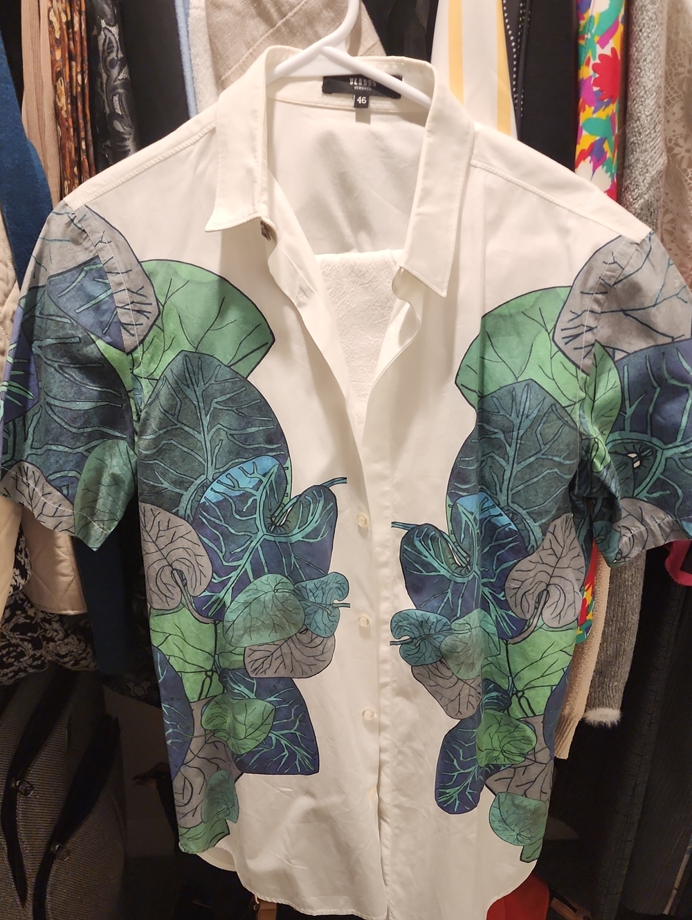 Versus Versace White Short-Sleeve Shirt with Green & Blue Leaf Motif